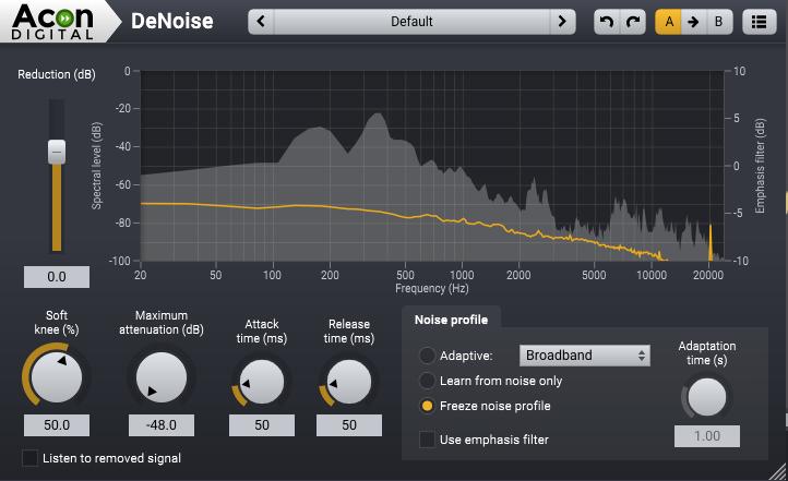 120 Acoustica 7.1 User Guide The DeNoise plug-in window. The graph shows the current noise profile as well as frequency spectrum of the input signal.