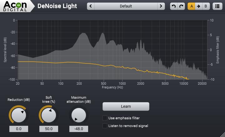 Audio Processing 123 The DeNoise plug-in window in Acoustica Standard Edition. The graph shows the current noise profile as well as frequency spectrum of the input signal.
