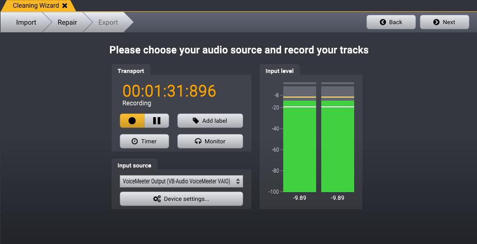 Using The Cleaning Wizard 11.1.1 145 Record Audio Cleaning Wizard will proceed to the recording page if you choose to record from an analog source: The recording page in the Cleaning Wizard.