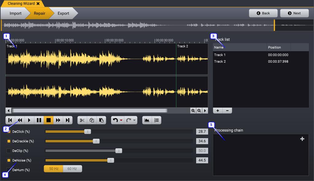 Using The Cleaning Wizard 147 The Restoration Page contains a waveform view of the recording and list of the tracks, as well as audio restoration and processing options. The Repair Screen Elements 1.