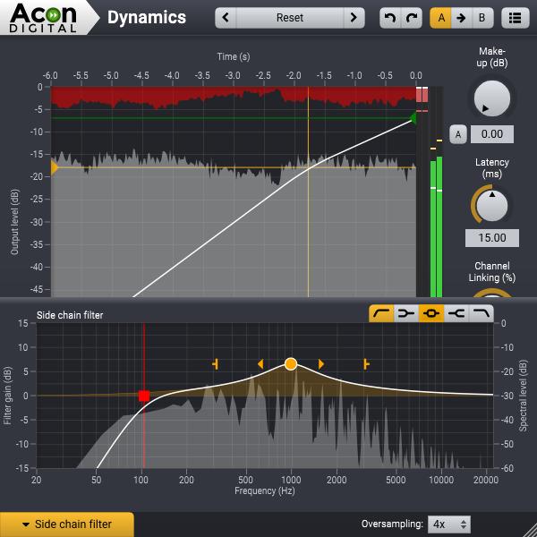 60 Acoustica 7.1 User Guide The side chain filter in Dynamics allows you to filter the side chain signal similar to the way an equalizer works.