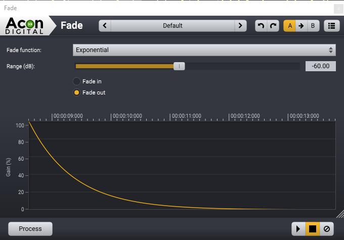 92 Acoustica 7.1 User Guide The Fade tool with a typical exponential fade-out. 7.3 Effects The Effects menu in in Acoustica contains a collection of common effect processors such as reverb, echo, chorus and more.