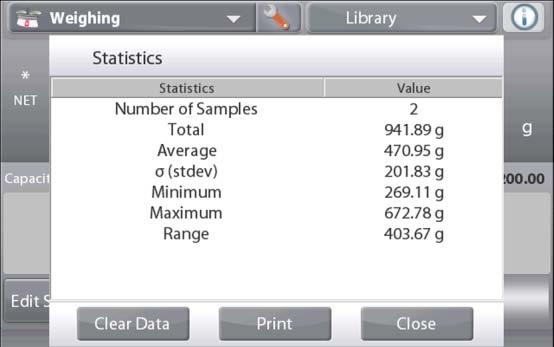 A minimum of three samples is required. Statistics can be determined manually (requires key press after each step) or automatically (weights are automatically recorded when stable).