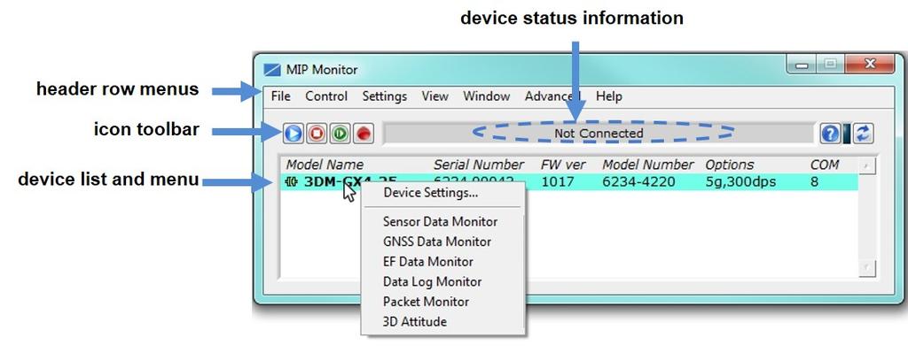 2. Make System Connections 3. Start Software The MIP Monitor software includes a main window with system information and menus, a device settings window, and several data monitoring windows.