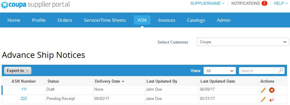 Work with the CSP View and Manage ASNs Note: This feature is available only if your customer enables it in Coupa. Click on the ASN tab on the main menu. The Advance Ship Notices page appears.