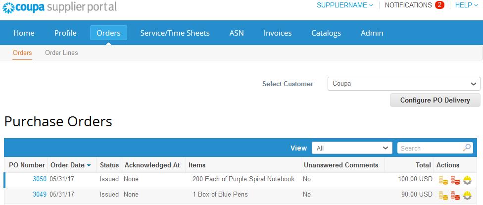Work with the CSP View and Manage POs Click on the Orders tab on the main menu. The Purchase Orders page appears.
