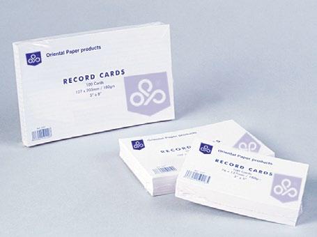Record Cards 180 Size: 76 x 127 mm (Small) Paper: 180 gsm 100 Sheets/Pack Ref: RE1127 Size: 102 x 152 mm