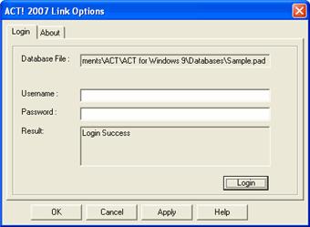 Figure 2: Login to ACT! In the Link Options dialog box enter your ACT! database user name and password. Click Login. The message Login Success is displayed in the Results area. Click OK.