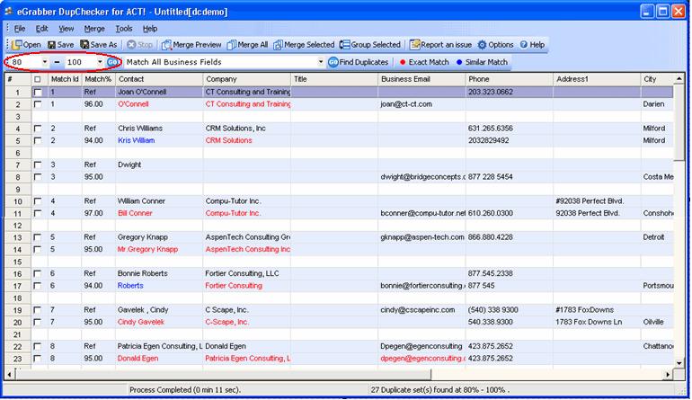 View Duplicate Records egrabber DupChecker for ACT! displays the possible duplicate records in groups as shown in Figure 6.