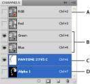 Adjusting individual channels You can select one or more channels in the Channels panel. The names of all selected, or active, channels are highlighted Selecting multiple channels A.