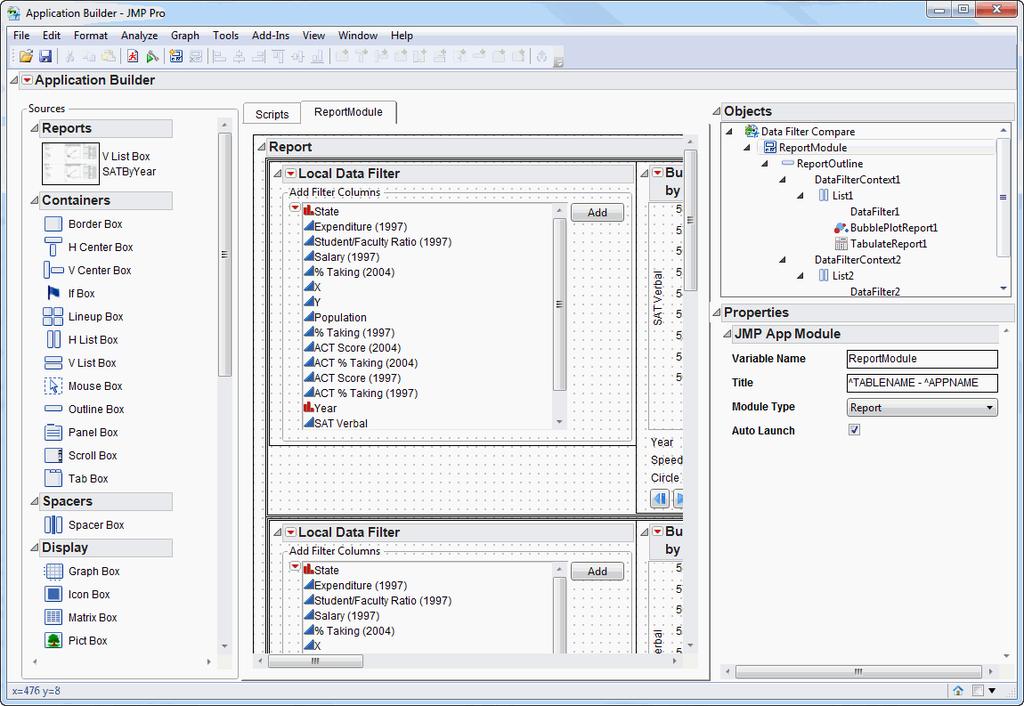 Highlights in JMP 10 13 Scripting Application Builder The Application Builder is a drag-and-drop interface that lets you visually design new JMP windows with buttons, lists, graphs, and other objects.