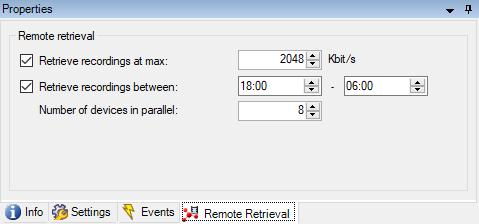 The Remote Retrieval tab allows the user to set the maximum bandwidth for which recordings can be retrieved in total from the remote site for all devices retrieved in parallel.