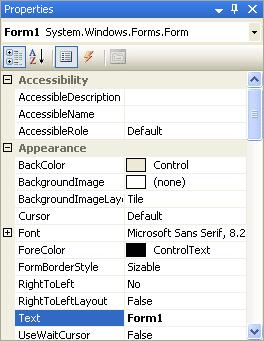 Fig. 2. The Properties box of the Visual Studio 3) Also click on the Math function buttons and likewise change their names at the Text Properties to +, -, *, /, etc.