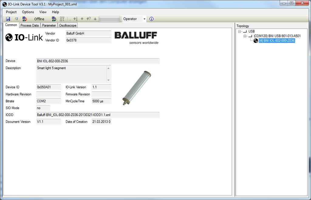 Balluff Network Interface USB IO-Link Master, BNI USB-901-013-A501 Access to process and parameter data Select the IO-Link device in the "Topology" area.