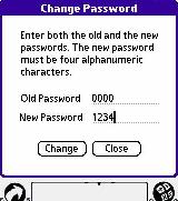 Enter the old (Default is 0000) and the new passwords, then align the Palm with the IR window of the PowerTrac and tap the <Change> button at the bottom of the
