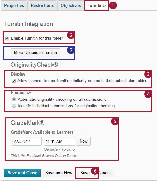 6. Click Save. Note: It is important to click Save before clicking More Options in Turnitin so that the assignment settings are transferred to Turnitin. 7. Now click More Options in Turnitin link.