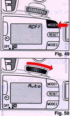 By pressing the Shutter Button halfway, the "P" mark will be displayed inside the viewfinder. (Fig. 48) 1. Press the green Reset Button to set the shutter speed to AUTO.