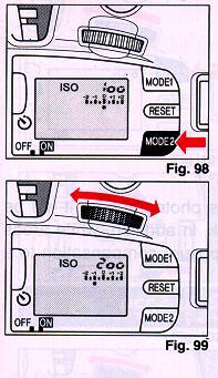 This mode is used to set the film speed of films without the OX code or to set a different film speed than that indicated on a DX film. 1. Press the MODE 2 Button until "ISO" appears. (Fig. 98) 2.