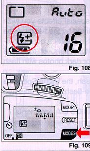 The Flash Compensation Mode is set when "lightning bolt and +/_" is displayed as shown in the illustration. (Fig. 108) 1.