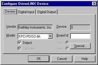 Device Subsystem Page Use the Device Subsystem page to tell DriverLINX the Model and Board Id of your KPCI-ISO Series board.