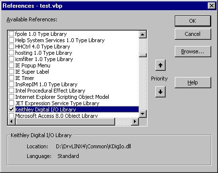 3. Check Keithley Digital I/O Library and then click OK. 4.