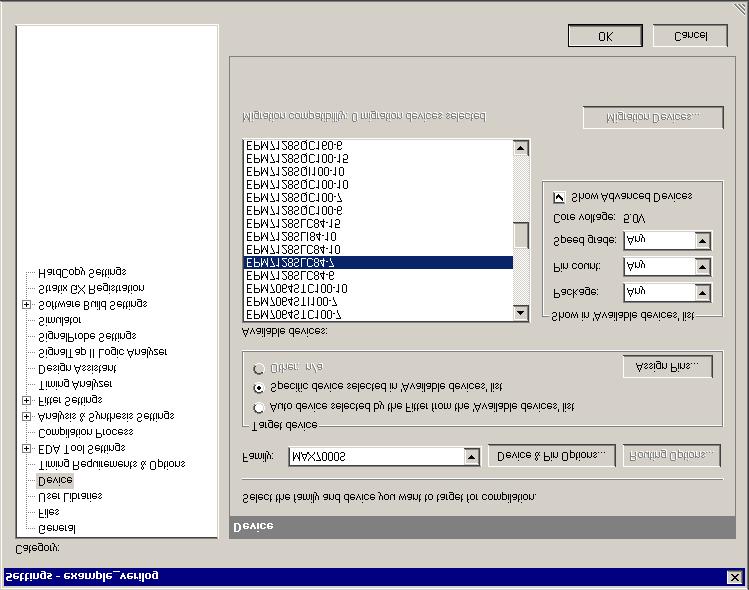 To specify which chip to use, select Assignments Device to open the window shown in Figure C.2.