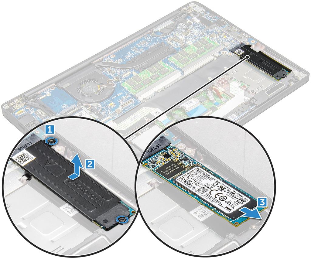 NOTE: Ensure to remove the SSD bracket, if the system is shipped with bracket. c Remove the PCIe SSD from the connector on the system board [3].