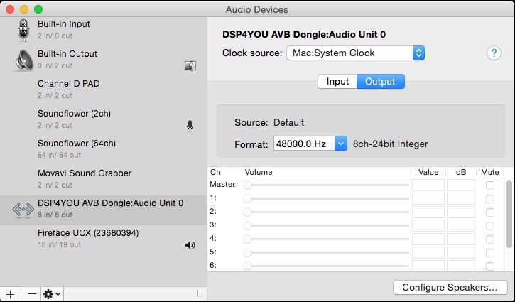 4. Close the Network Device Browser Window. The selected AVB devices will appear as audio output devices in the Audio Devices window.