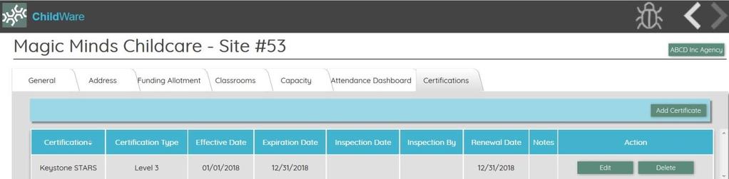 8 Site Certifications: Certification, type, effective date, expiration date, inspection