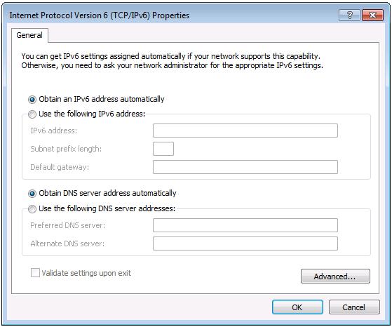 Figure 7: Internet Protocol Version 6 Properties Window 6. Select Use the following IP Address for static IP addressing and fill in the details as shown in Figure 8.