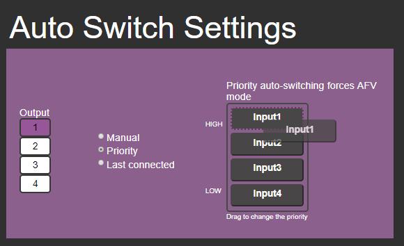 Setting Switching Modes Use the Auto Switch Settings page to set the switching mode per output. Setting to priority or last connected mode forces VS-44UHD to operate in AFV mode.