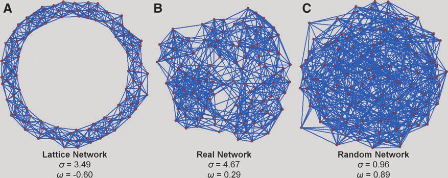 372 TELESFORD ET AL. FIG. 4. Comparison of the football network (B) to its equivalent lattice (A) and random (C) networks. Each network is represented using the Kamada Kawai algorithm.