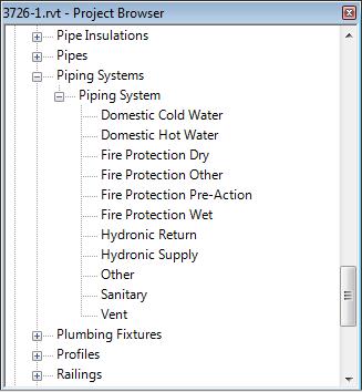 Exercise 1 Understanding System Classifications and Types For this exercise, begin by opening the project file, 1478-1.rvt. 1. Once the file is open, go to the Families section of the project browser expand the pipe systems area: 2.