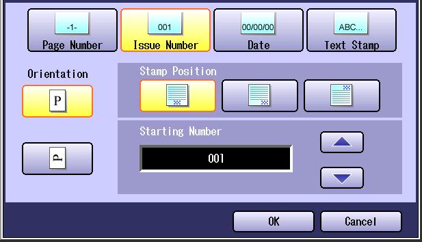 4 Input the starting number of the issue number with and, or the keypad, and then select OK. Each time it is selected, the number increments by 1.