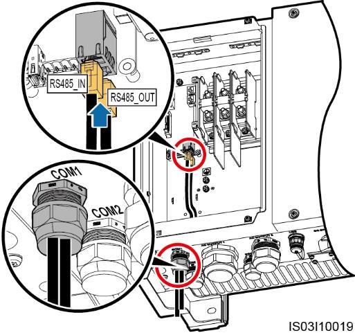 3. Remove the locking cap from the COM1 connector at the inverter bottom and then remove the plug from the cap. 4.