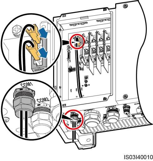 Remove the locking cap from the COM1 connector at the inverter bottom and then remove the plug from the cap. 4.