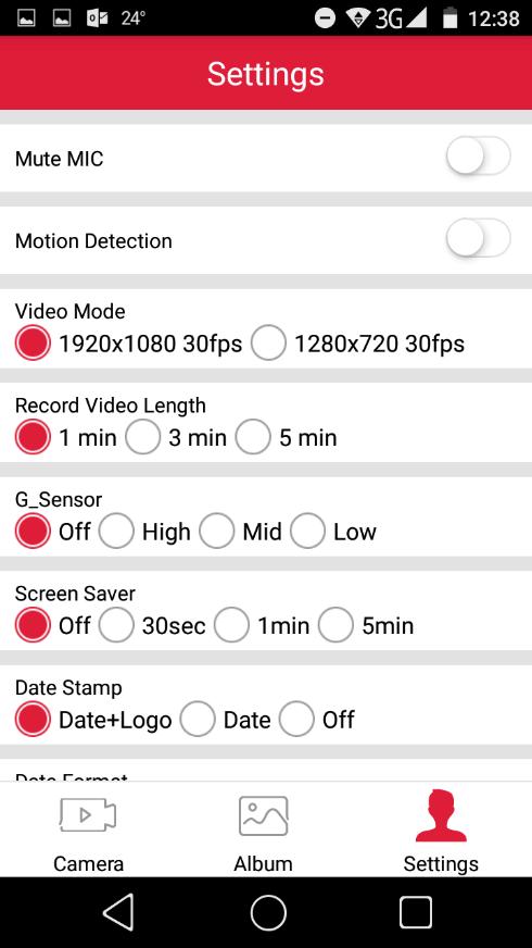 4. Prestigio Road Cam APP Settings 4 Se ngsadjust your DVR s se ngs: - Mute MIC. On/off. Record the sound inside thevehicle. Don t miss any detail. - Mo on Detec- on. On/off. DVR will turn on and start to record itself if any impact will be detected a er you parked your car.