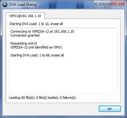 Figure 45 DVA loading progress (example): front panel and dialog box (erase all and load 68 DVAs) DVA load erase all
