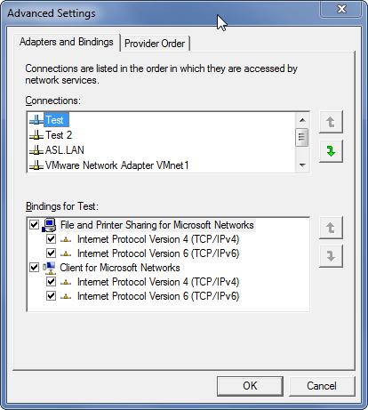 d. The Advanced Settings window will be displayed; see example on the right. e. Select the Adapters and Bindings tab.