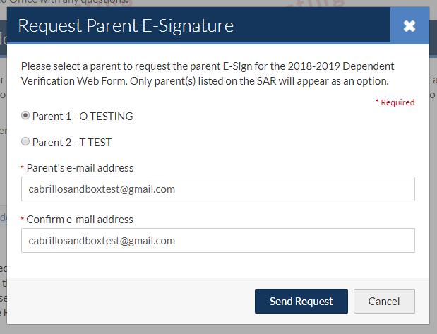 PARENT INFORMATION REQUESTS Setting up a parent account to e-sign student documents. Some forms used in the verification process require a parent signature.