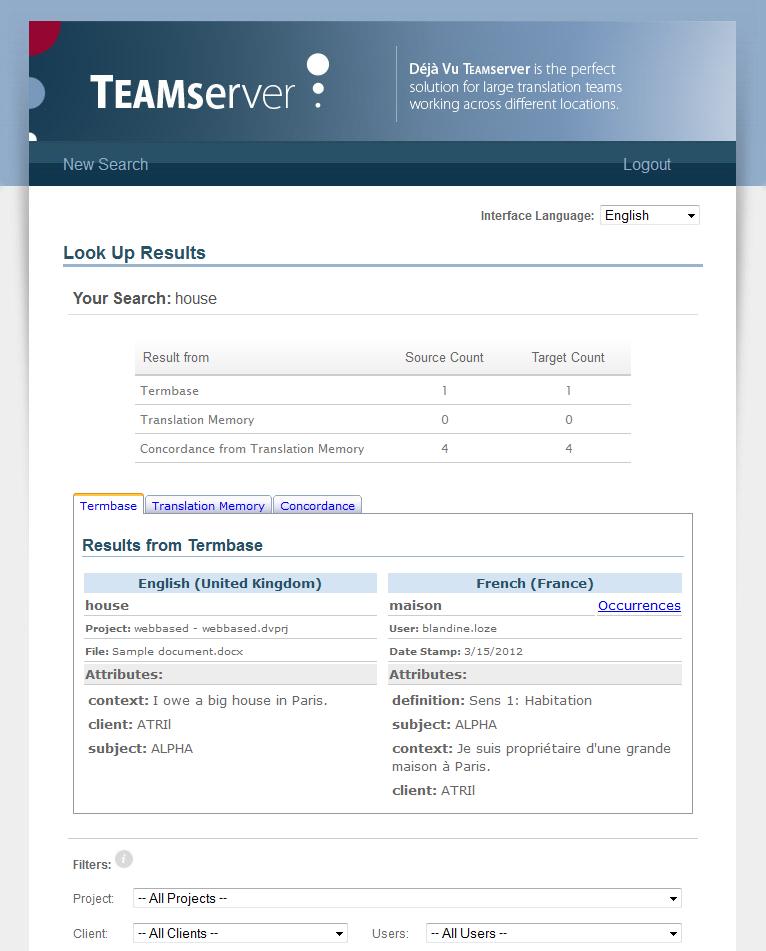 WebBased LkUp One Search, three results: Termbase Translatin
