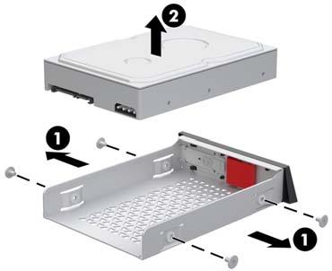 Remove the hard drive from the drive tray by removing the four mounting screws (1), and then lifting the drive from the