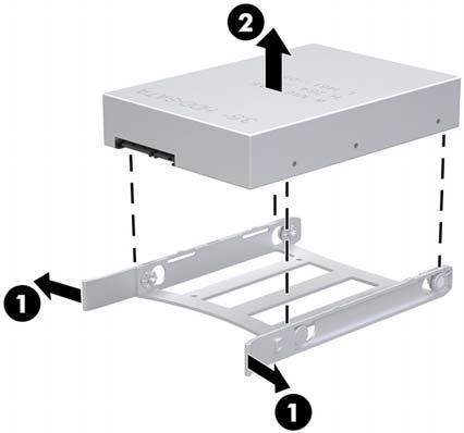 9. 3.5-inch hard drive: At the front of the drive, pull the sides of the drive tray outward (1), and then remove the drive from the tray (2). 10. 2.