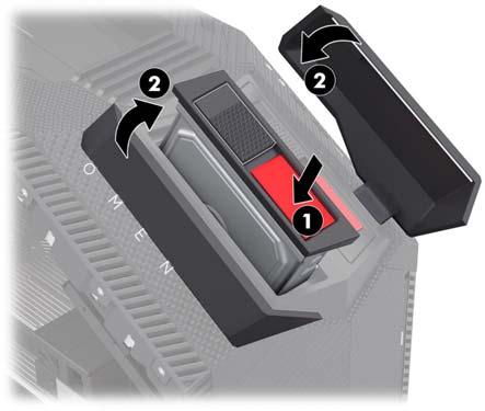 To install drives into the top of the computer: Insert the drive into the drive tray (1), and then install