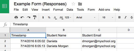 Responses Spreadsheet Form responses are automatically stored in a spreadsheet.