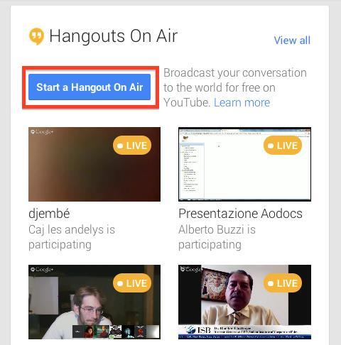 Click > Start a Hangout On Air button in the upper right.