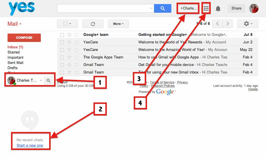 1.2 Accessing Google+ Hangout on yesmail There are 4 ways to access Google+ page and Hangout from your Yesmail page. 1.