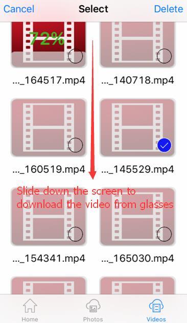 Videos s In the main interface, sliding stop on the right "Video" to enter the video list interface, you can view videos from Glasses, sliding downward in the video list, can sync the video on the