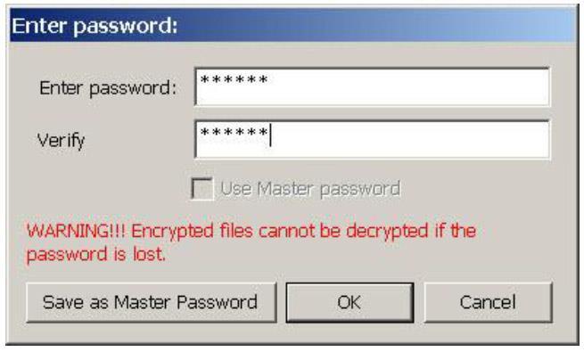 Enter the password for decryption twice, and then press OK. Be noted that encrypted files will not be able to be decrypted if this password is lost.