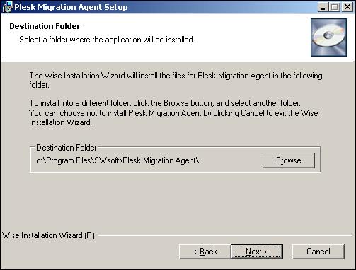 To install Plesk Migration Agent files to the default location C:\Program